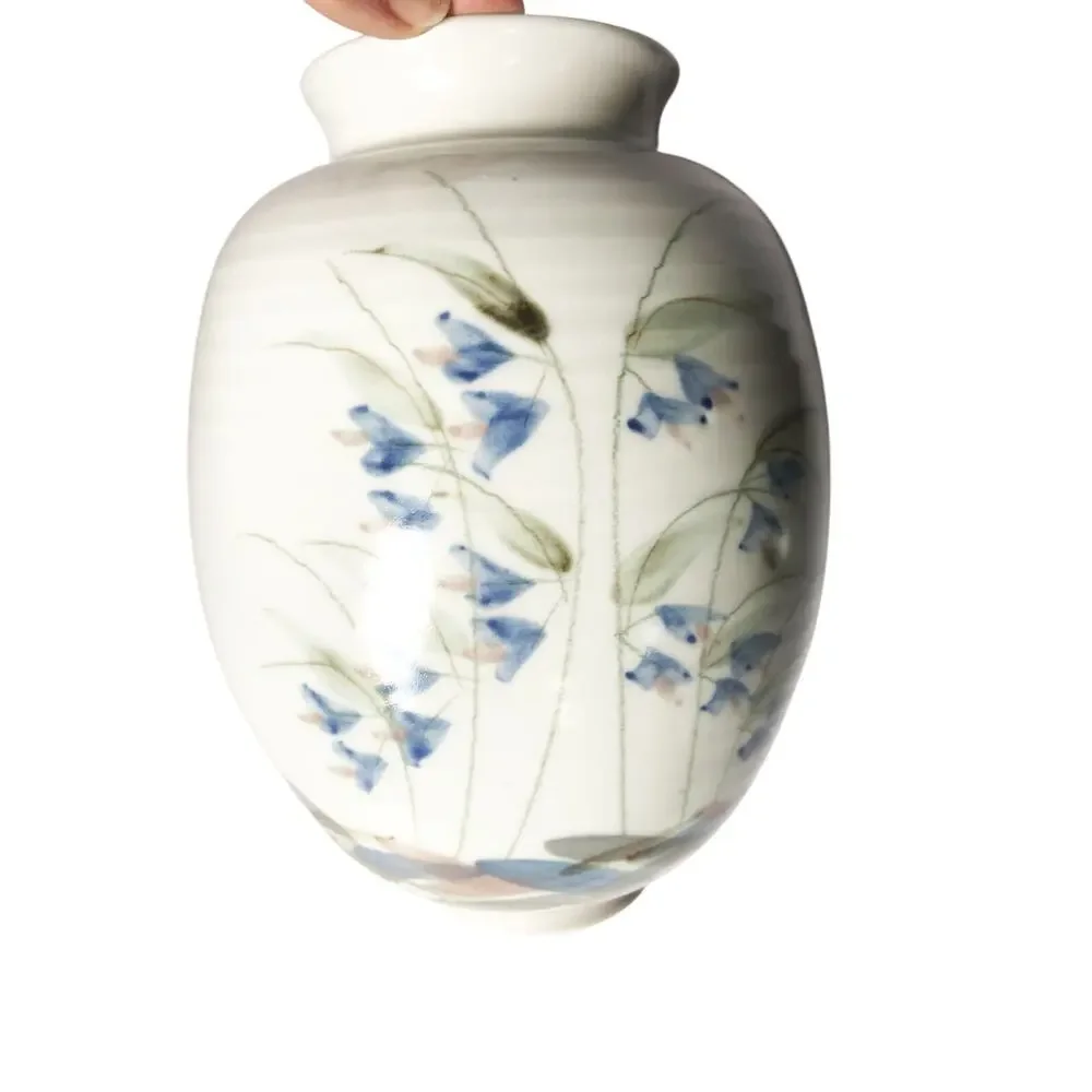 Studio Pottery 80s Signed Vase Beige Blue Mauve Floral